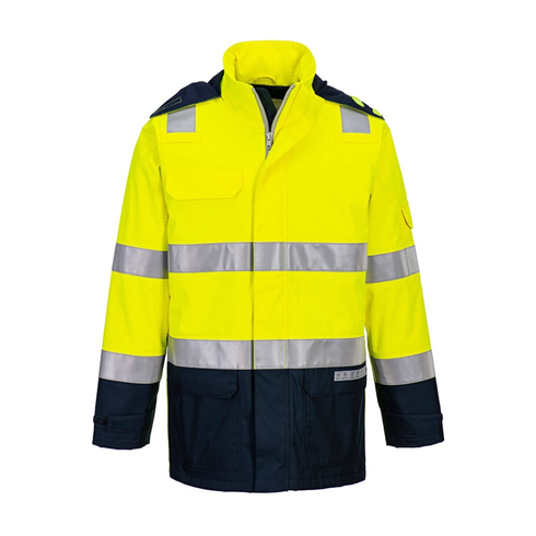 Portwest FR605 Yellow/Navy Bizflame Rain+ Hi-Vis Light Arc Jacket